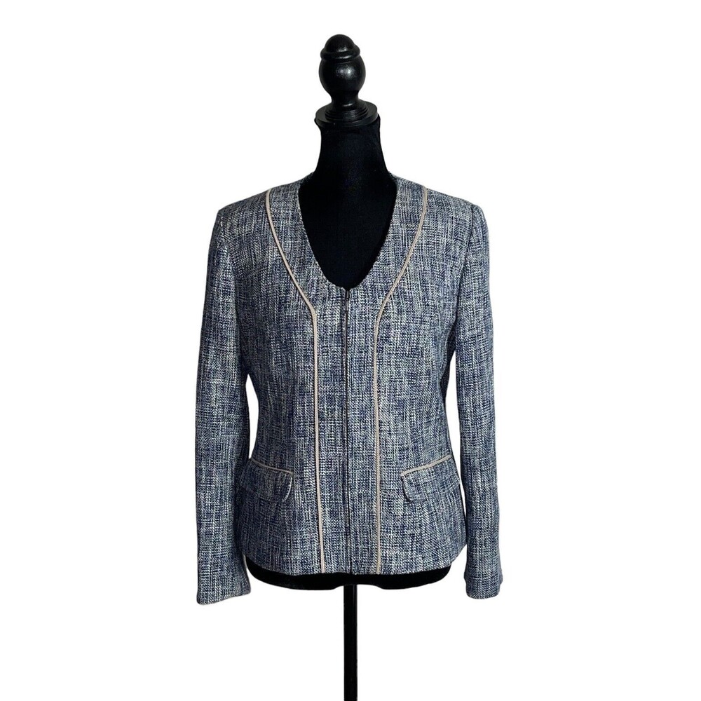 Pendleton Women’s Collarless Tweed Blue Tan Full Zip Blazer Jacket Petite 8P